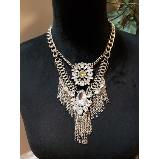 Womens Fashion Ethnic Chunky Crystals Sweater Chain Tassel Statement Necklace