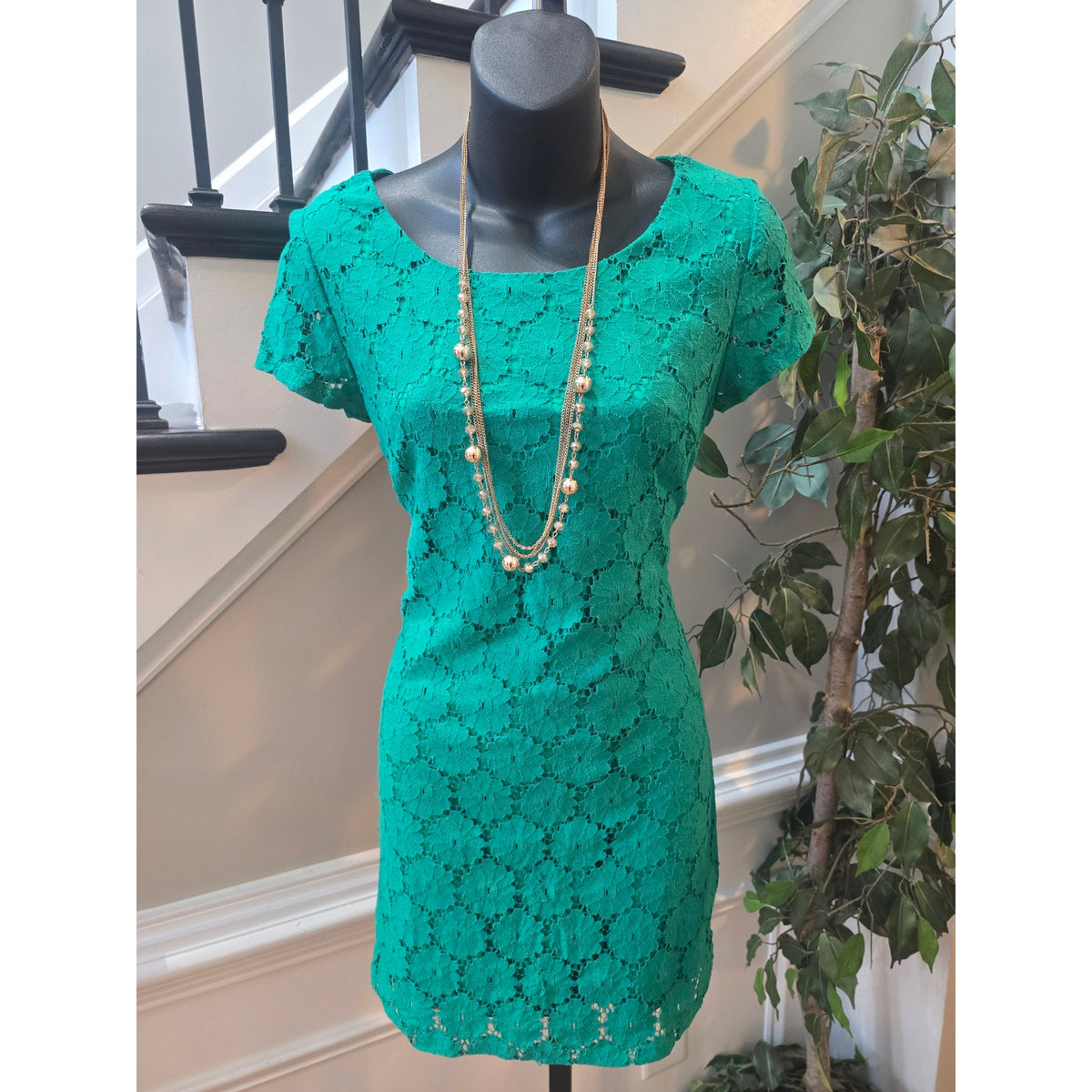 Sheath Dress Women Chest Small Emerald Green Floral Lace Back Zipper Cap Sleeves