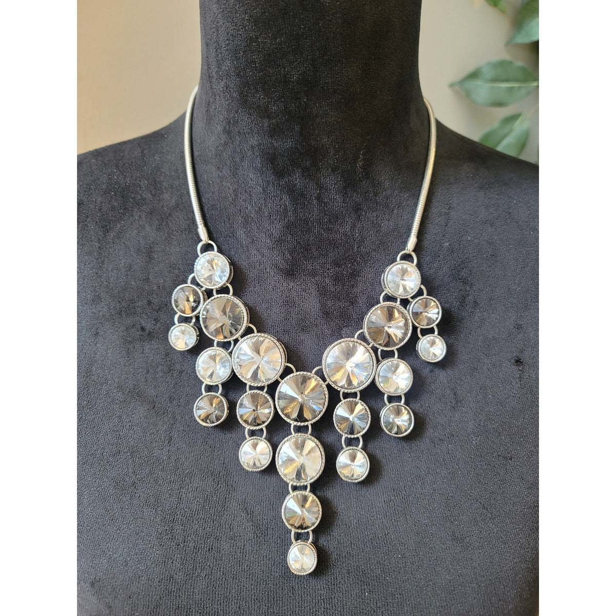 Women's Silver Statement Necklace With Lobster Clasp Layered Disc Crystal Design
