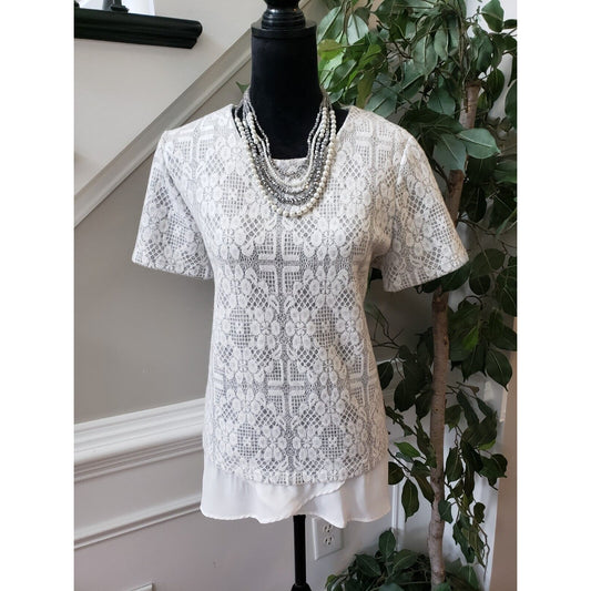 Anthropologie Pleione White Floral Nylon Round Neck Short Sleeve Blouse Large