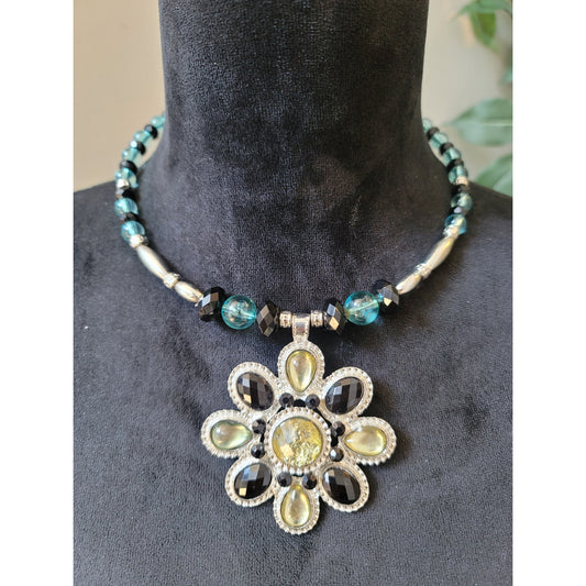 Women's Beaded Statement Necklace With Large Floral Pendant And Silver Accents