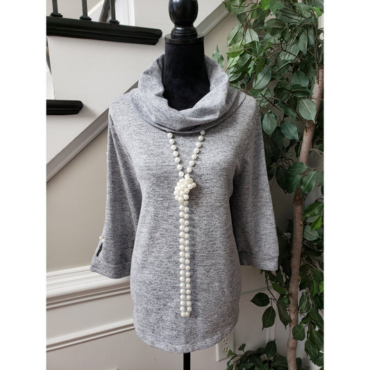 Louise Price Tunic Sweater Women's 1X Gray Knit Polyester Long Sleeve Cowl Neck