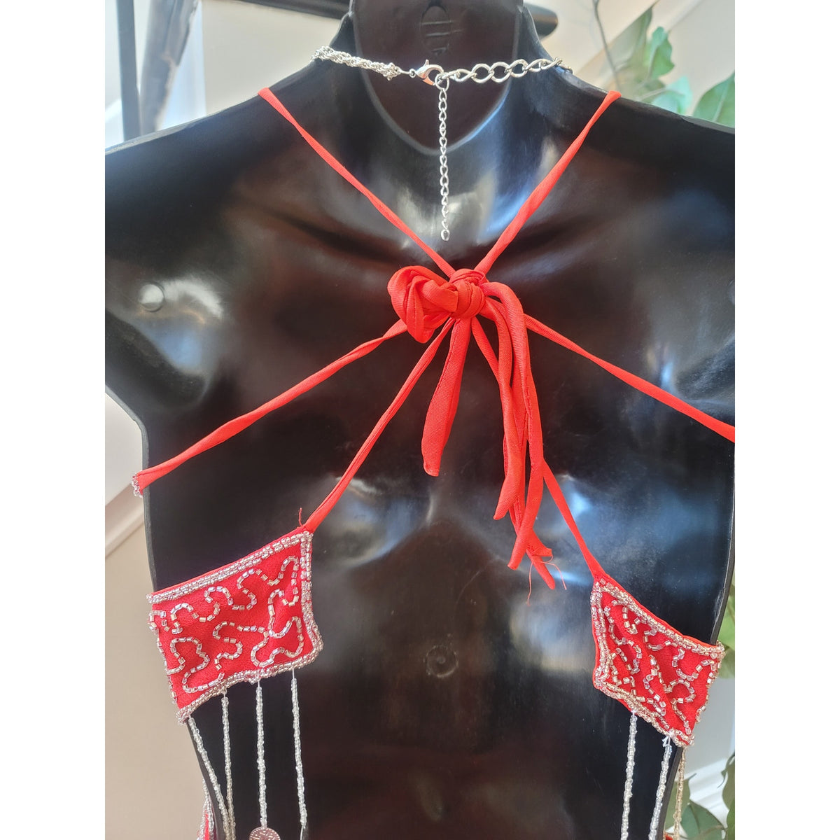 Custom Belly Dance Costume Large Red Halter Top Open Back Coin Skirt Padded Bra