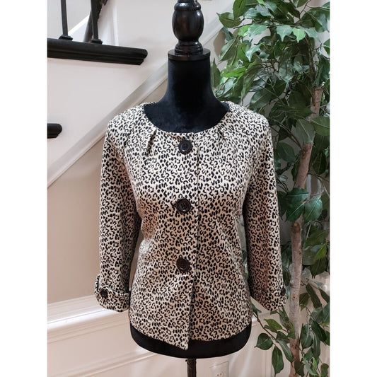 Kim Rogers Womens Tan Black Leopard Print Casual Button Front Blazer Sz Petite M