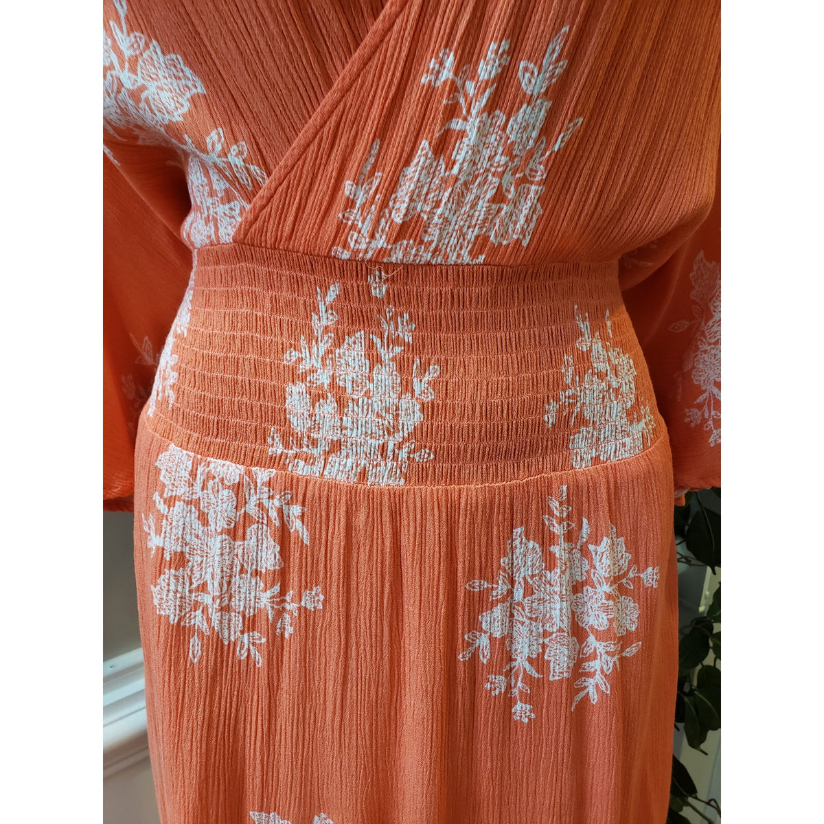 Oddi Long Maxi Dress Women's Size 2XL Orange Smocked Waist V Neck Kimono Sleeve