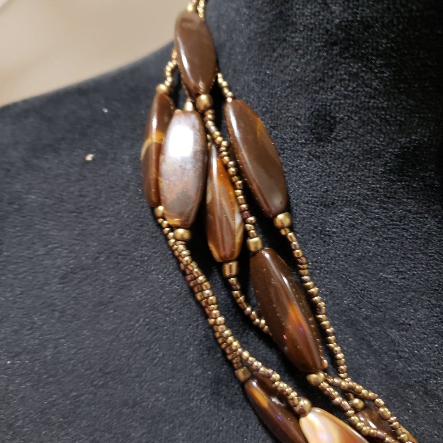 Womens Fashion Brown Amber Swirl Long Seed Bead 5 Strand Collar Necklace Jawelry