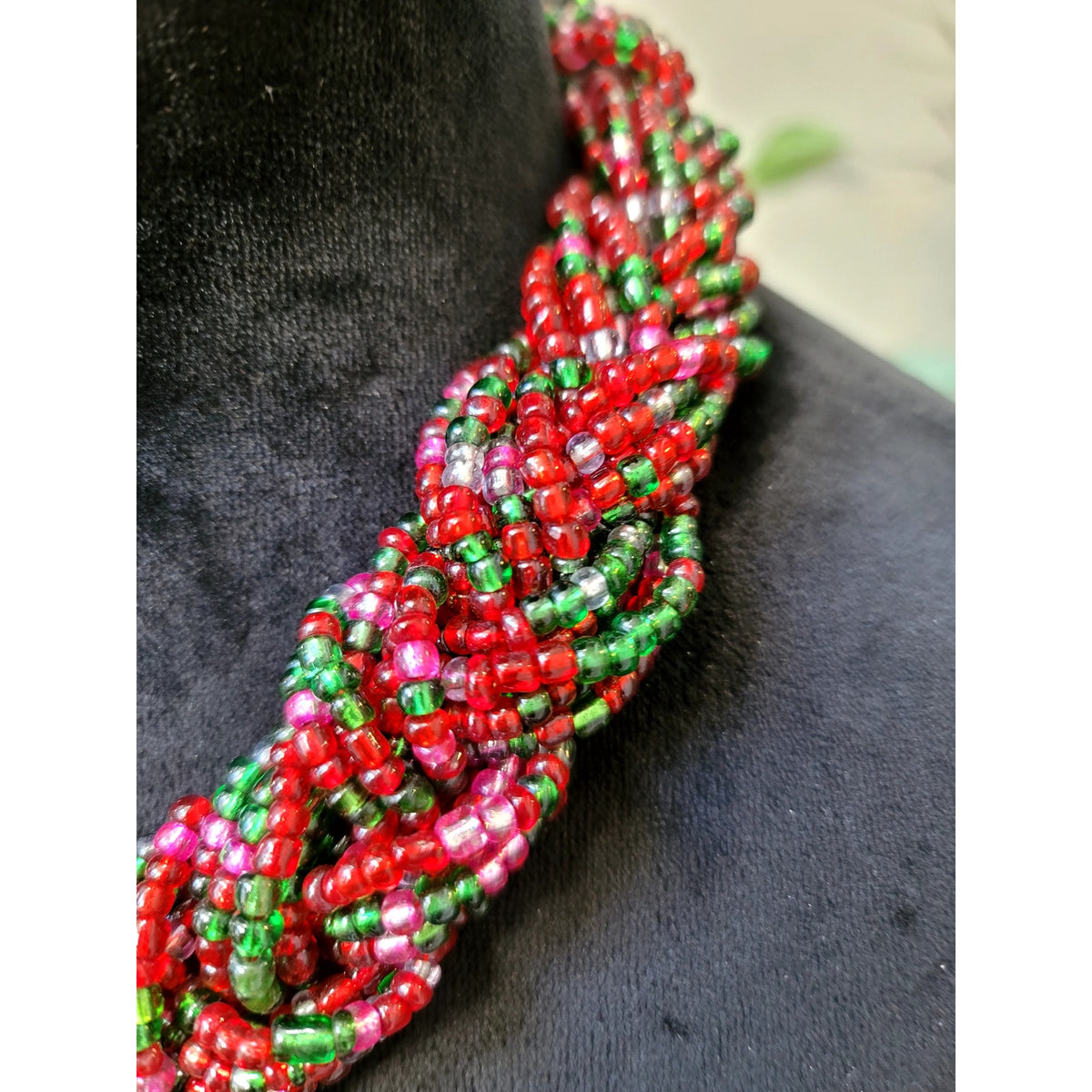 Red & Green Seed Bead Braided Collar Necklace Chunky Statement Holiday Jewelry