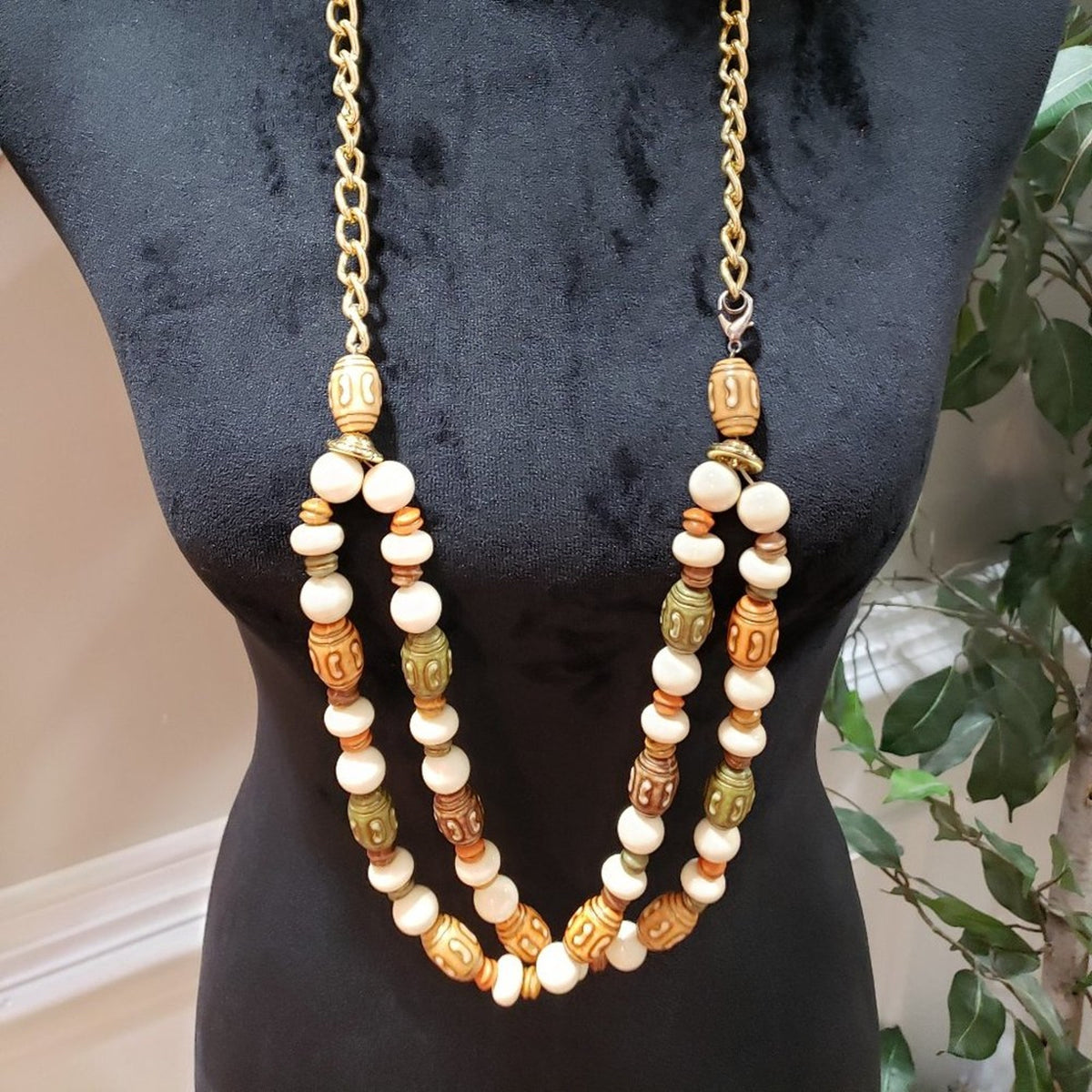 Womens Fashion Faux Ivory Carvings Beads Long Collar Necklace with Lobster Clasp