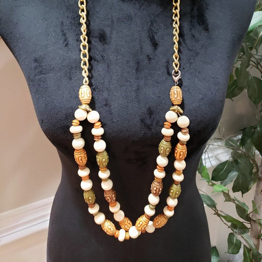 Womens Fashion Faux Ivory Carvings Beads Long Collar Necklace with Lobster Clasp