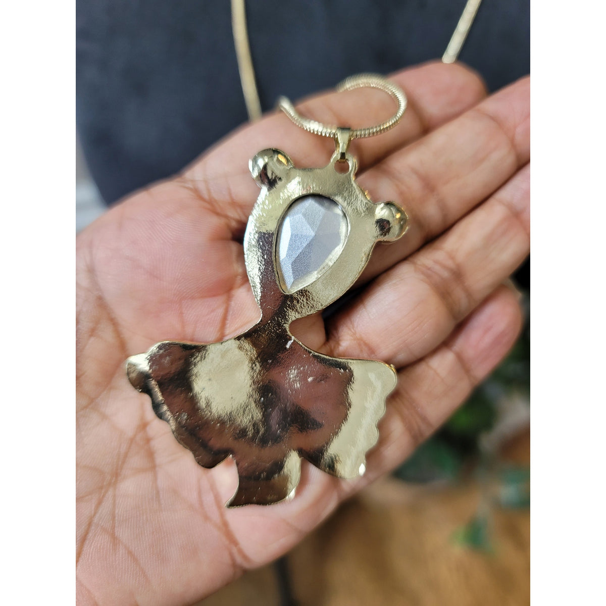 Women's Gold Chain Necklace with Blue and Pink Gemstone Fish Pendant