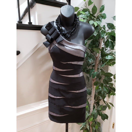 Betsy & Adam Women's Gray & Black Polyester One Shoulder Off Knee Length Dress 4