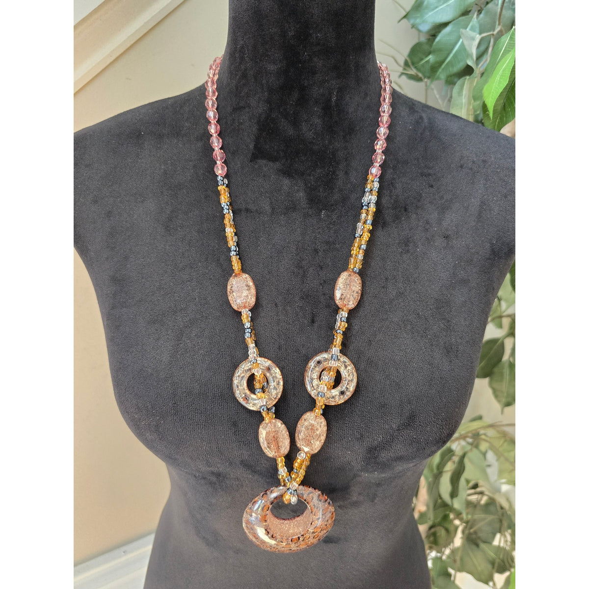Long Pink Bronze Beaded Pendant Statement Necklace Boho Style