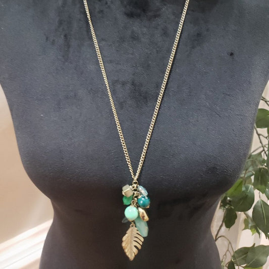 Women Gold Tone Chain Multicolor Dangle Rhinestones Leaf Tassel Charm Necklace