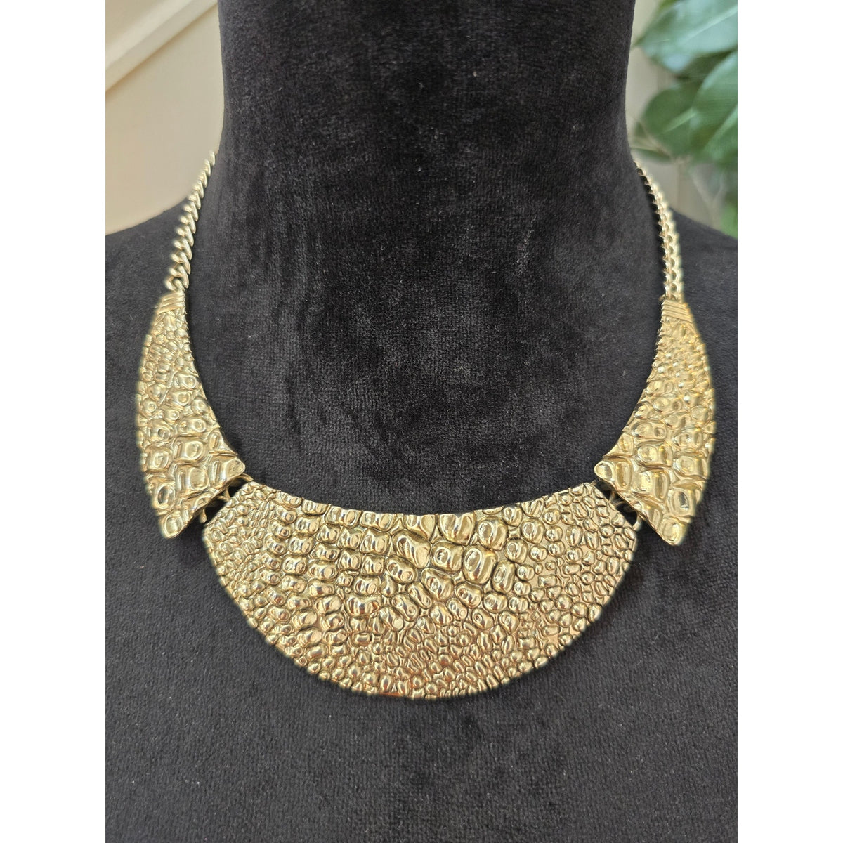 Gold Tone Textured Bib Collar Statement Necklace