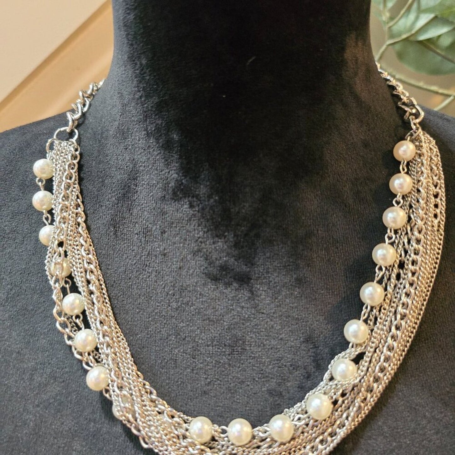 Womens Fashion Silver 5 Strand Chain and Pearls Beaded Necklace w/ Lobster Clasp