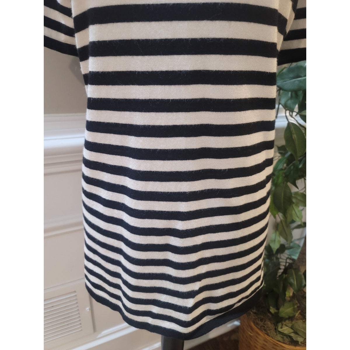 Elle Pullover Sweater Women XL White/Black Striped Peter Pan Collar Short Sleeve
