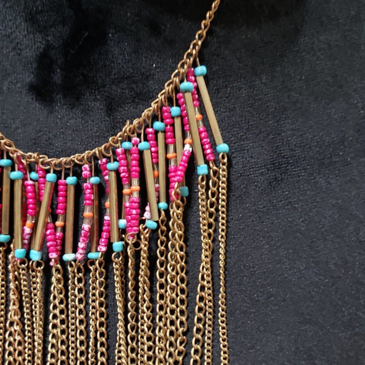 Womens Fashion Boho Layered Fringe Seed Bead Gold Tone Statement Necklace
