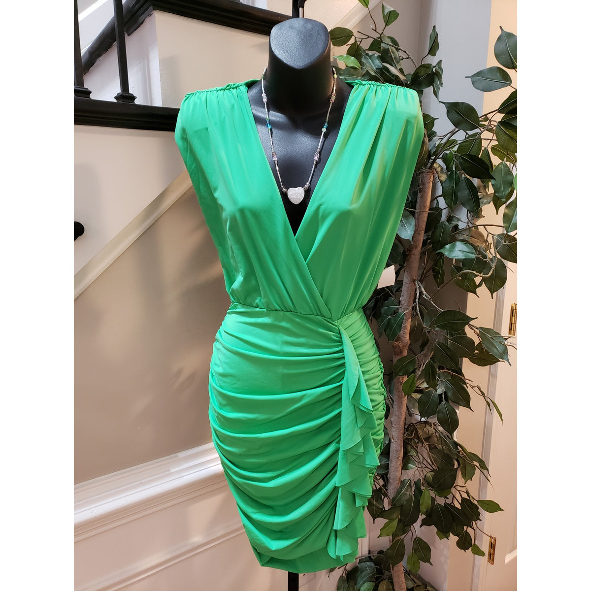 Meek Bodycon Dress Womens L Green Ruched Pleated Knee Length Sleeveless V Neck