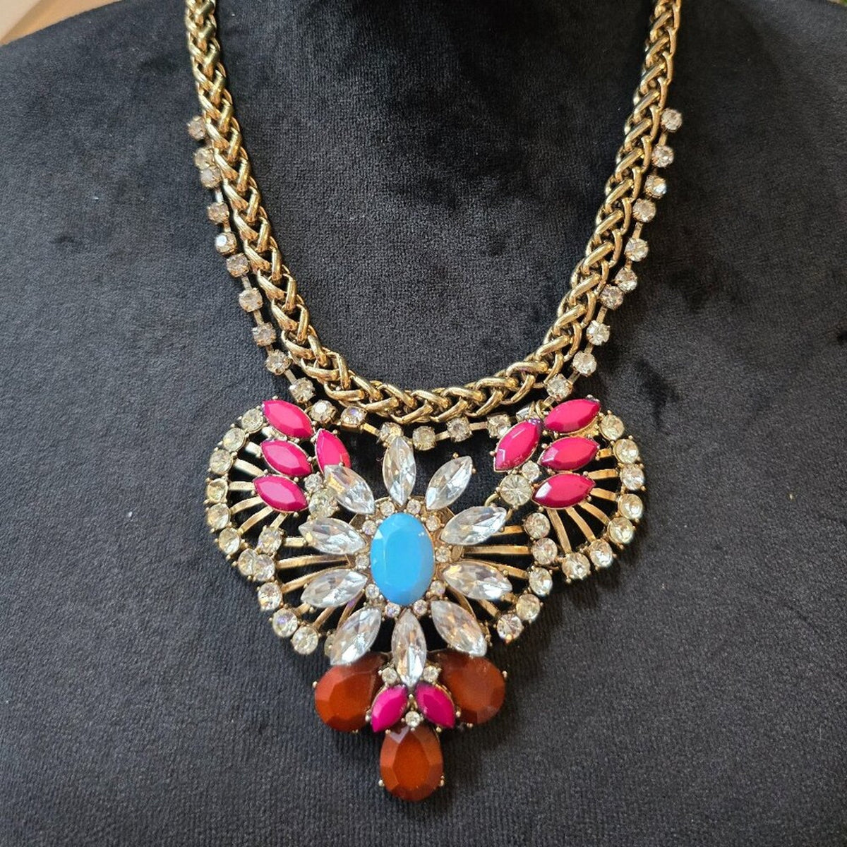 Womens Multi Crystal & Rhinestones Gold Tone Bib Statement Necklace with Lobster