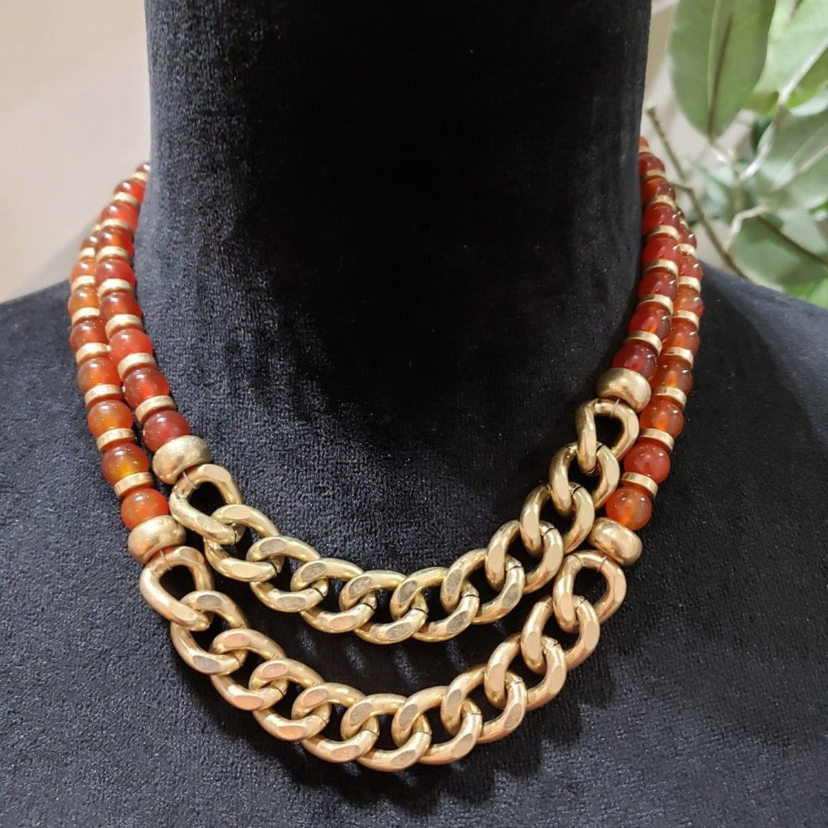 Women Fashion Red Bead Chunky Gold Curb Chain Collar Necklace with Lobster Clasp