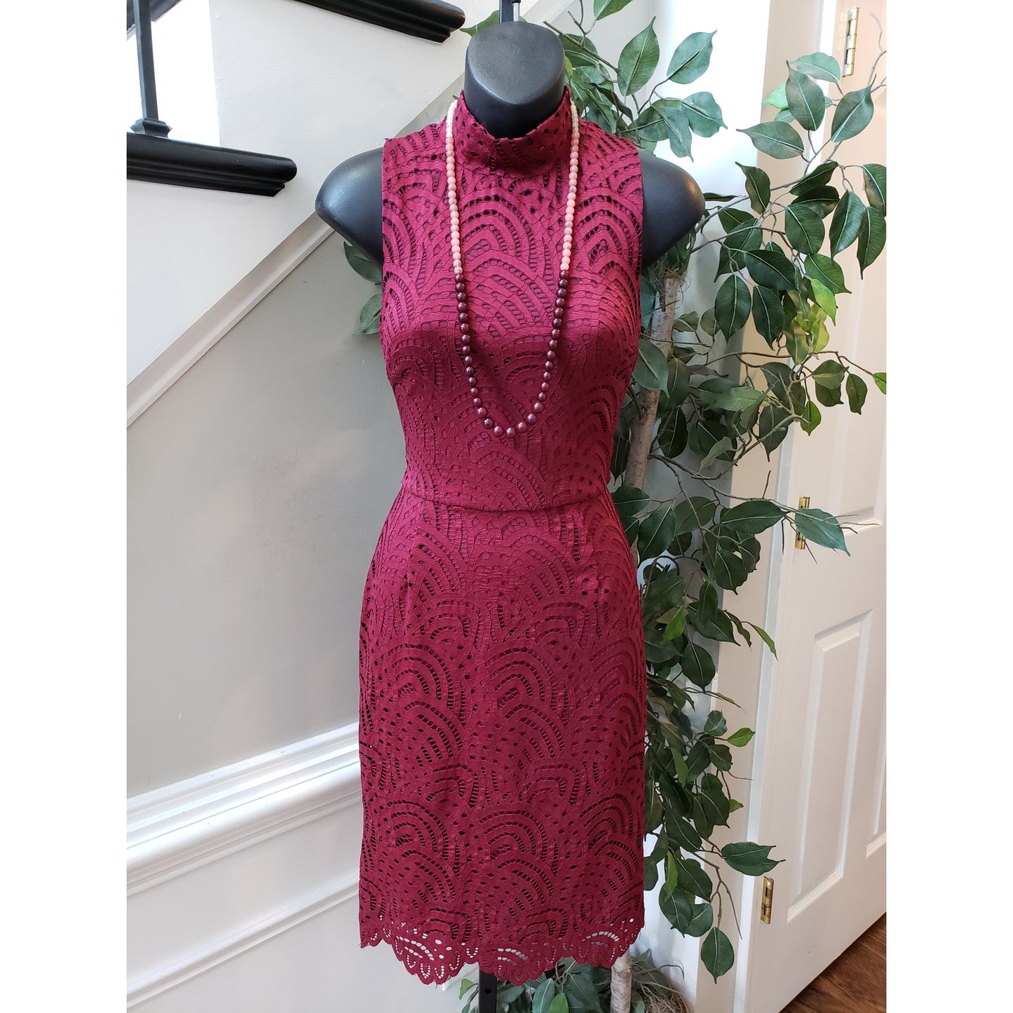 Bar III Bodycon Dress Women Small Burgundy Crochet Sleeveless Mock Neck Back Zip