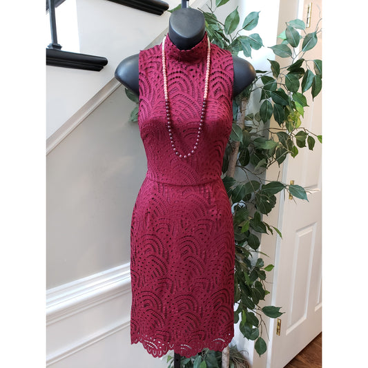 Bar III Bodycon Dress Women Small Burgundy Crochet Sleeveless Mock Neck Back Zip
