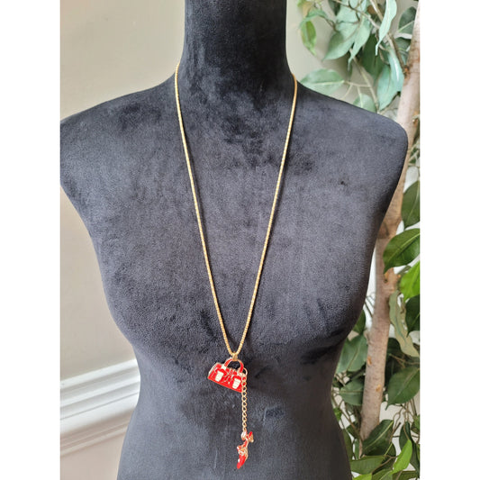 Women's Gold Chain Necklace with Red Handbag and Shoe Charm Pendant