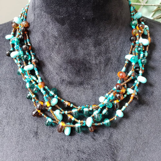 Womens Turquoise Amber Glass Bead & Microbead Multi Strand Necklace with Lobster