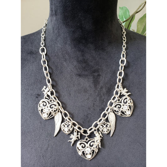 Women's Silver Tone Heart Charm Necklace Rhinestone Angel Wing Lobster Clasp
