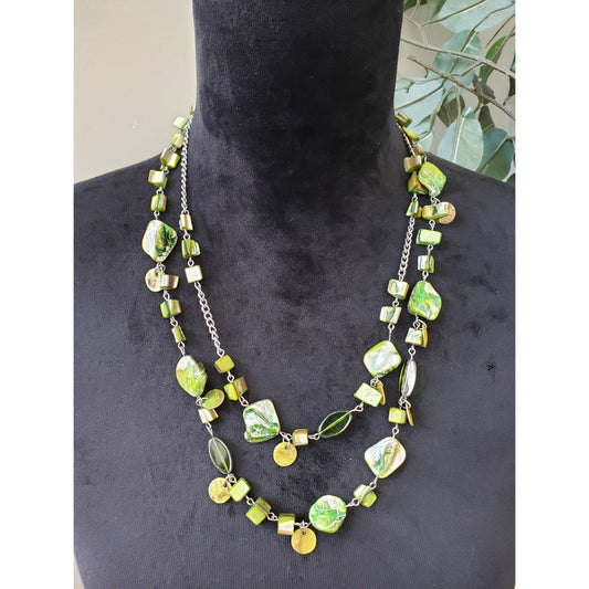 Womens Silver Tone 2 Strand Green Glass, Mother Of Pearl & Chip Beads Necklace