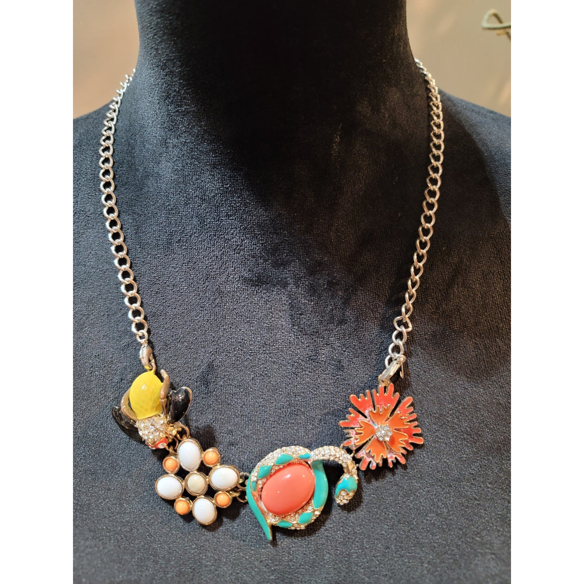 Disney Vibrant Bee and Coral Flower Necklace with Colorful Enamel and Gold