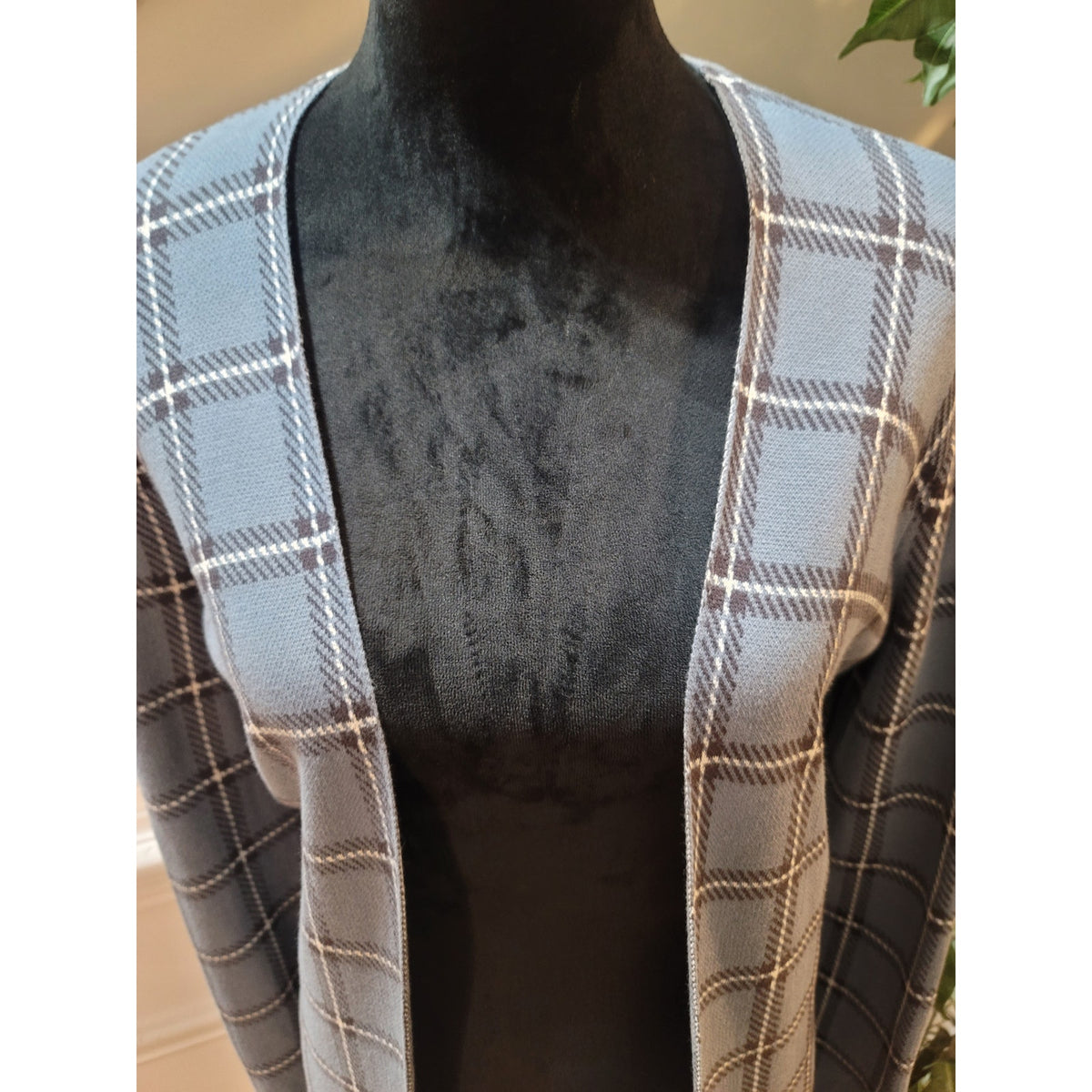 Loft Cardigan Sweater Women's Medium Blue Windowpane Plaid Longline Open Front