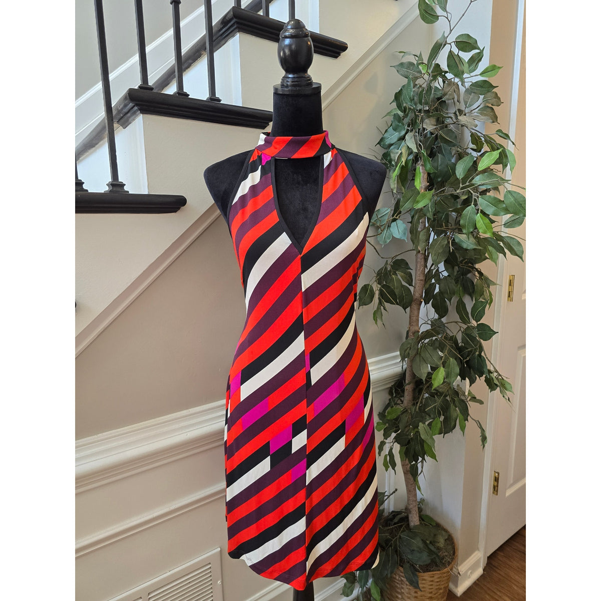 Boston Proper Sheath Dress Women's SZ 12 Multicolor Striped Keyhole Halter Neck