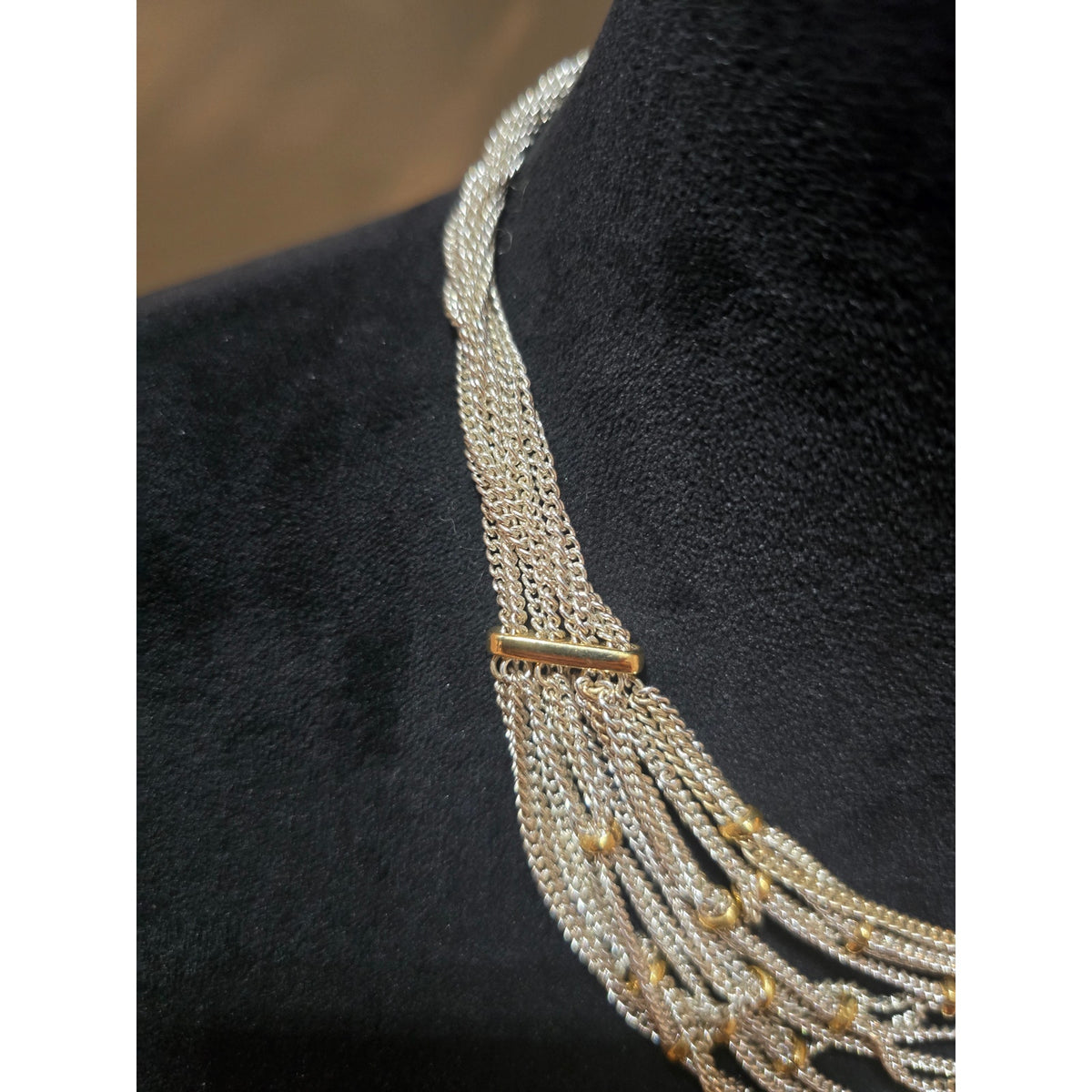 Women's Multi Strand Silver Chain Necklace With Gold Beads And Toggle Lock