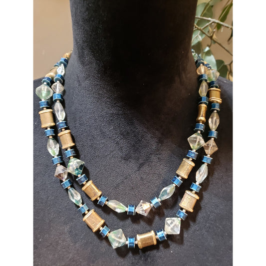 Women Elegant Gold Tone 2 Strand Baroque Pearl Crystal Asymmetric Cubes Necklace