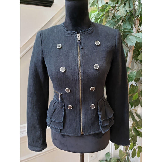 Banana Republic Women Black Tweed Fitted Peplum Hem Collarless Zip Jacket Size 2
