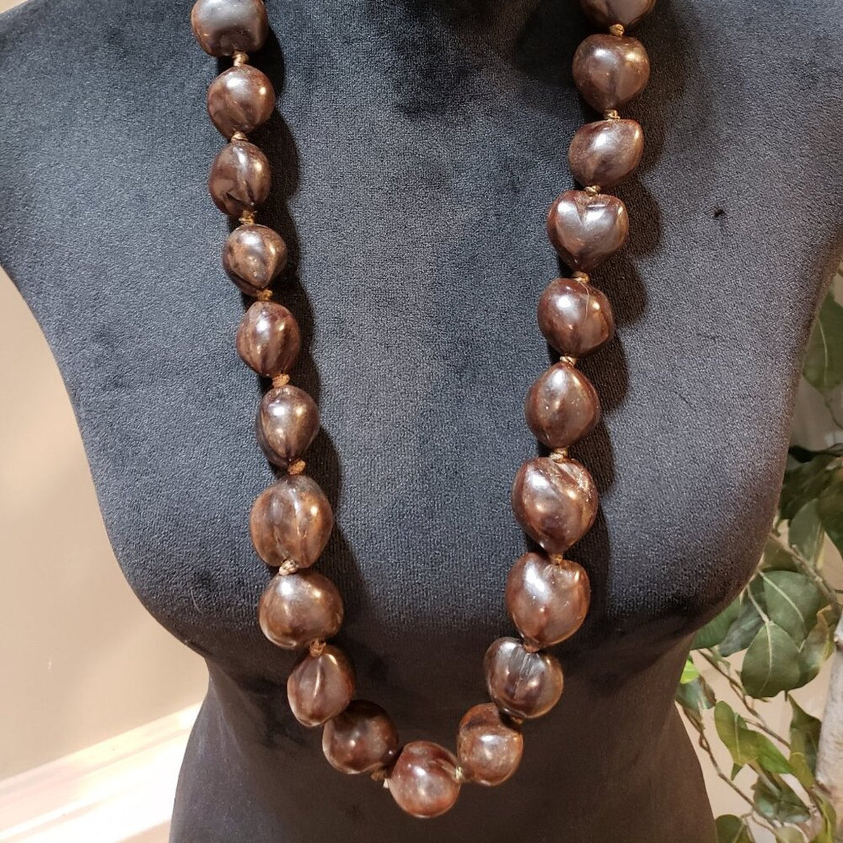 Women Fashion Brown Lumbang Kukui Nut Seed Collar Necklace with Lei Ribbon Clasp