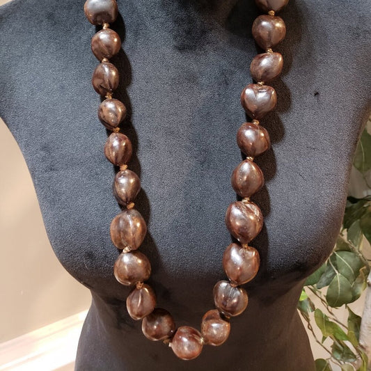 Women Fashion Brown Lumbang Kukui Nut Seed Collar Necklace with Lei Ribbon Clasp