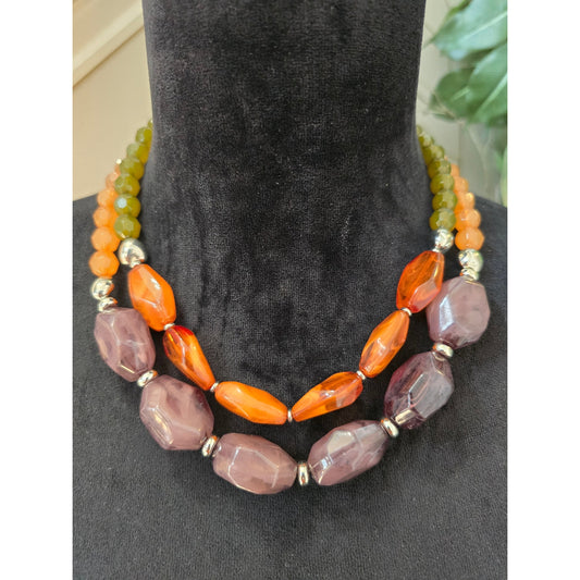 Orange Purple Double Strand Chunky Beaded Lightweight Necklace