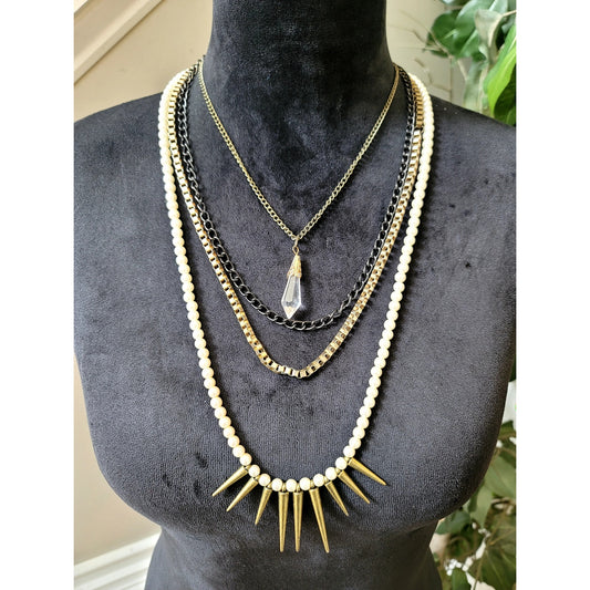 Gold Black Ivory Multi Strand Layered Spike Statement Necklace Boho Jewelry