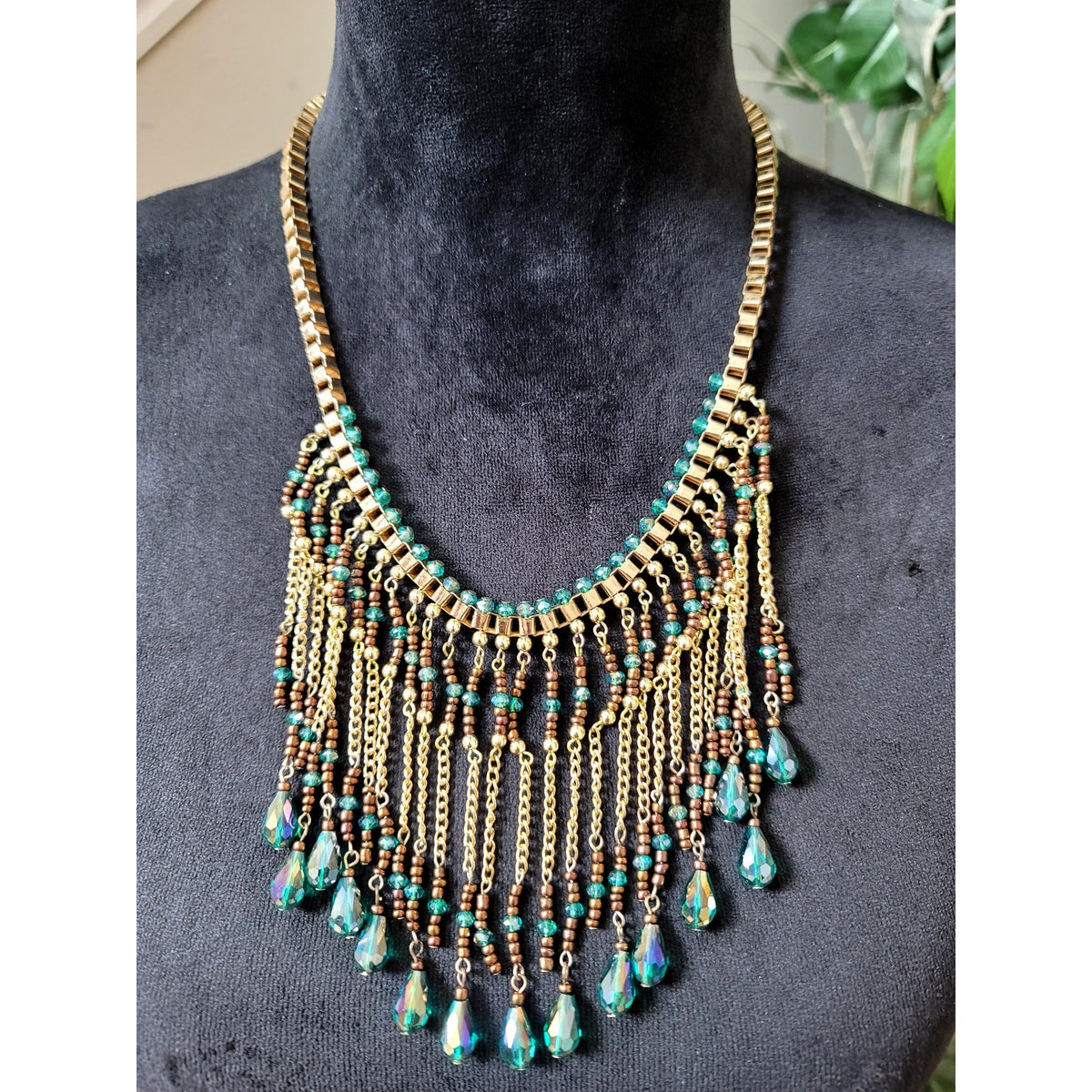 Turquoise Beaded Fringe Statement Necklace Gold Tone Boho