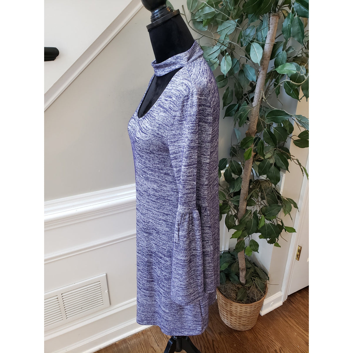 Kensie Mini Dress Women's Small Heather Purple Bell Sleeve Choker Neck Pullover
