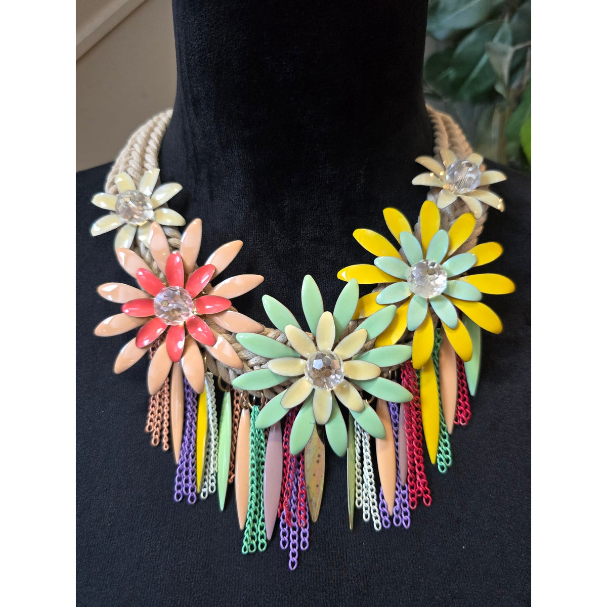 Women's Chunky Enamel Daisy Flowers Tassel Chain Braided Bib Statement Necklace