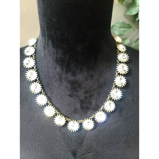 Women's Gold Tone Crystal Necklace Round Clear Stones Spring Ring Clasp Jewelry