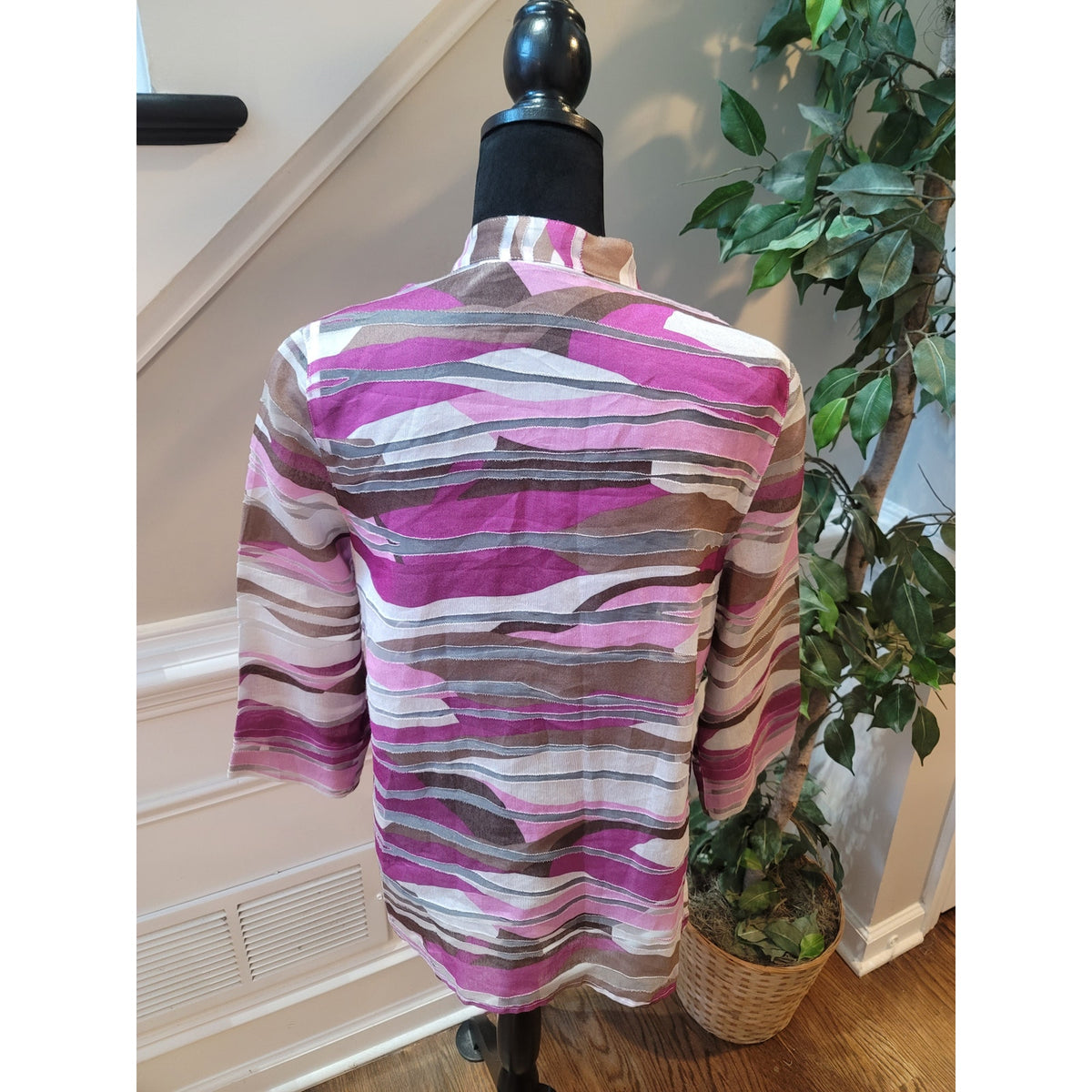 Alfred Dunner Shirt 10 Multi Denim Abstract Band Collar 3/4 Sleeve Button-Up
