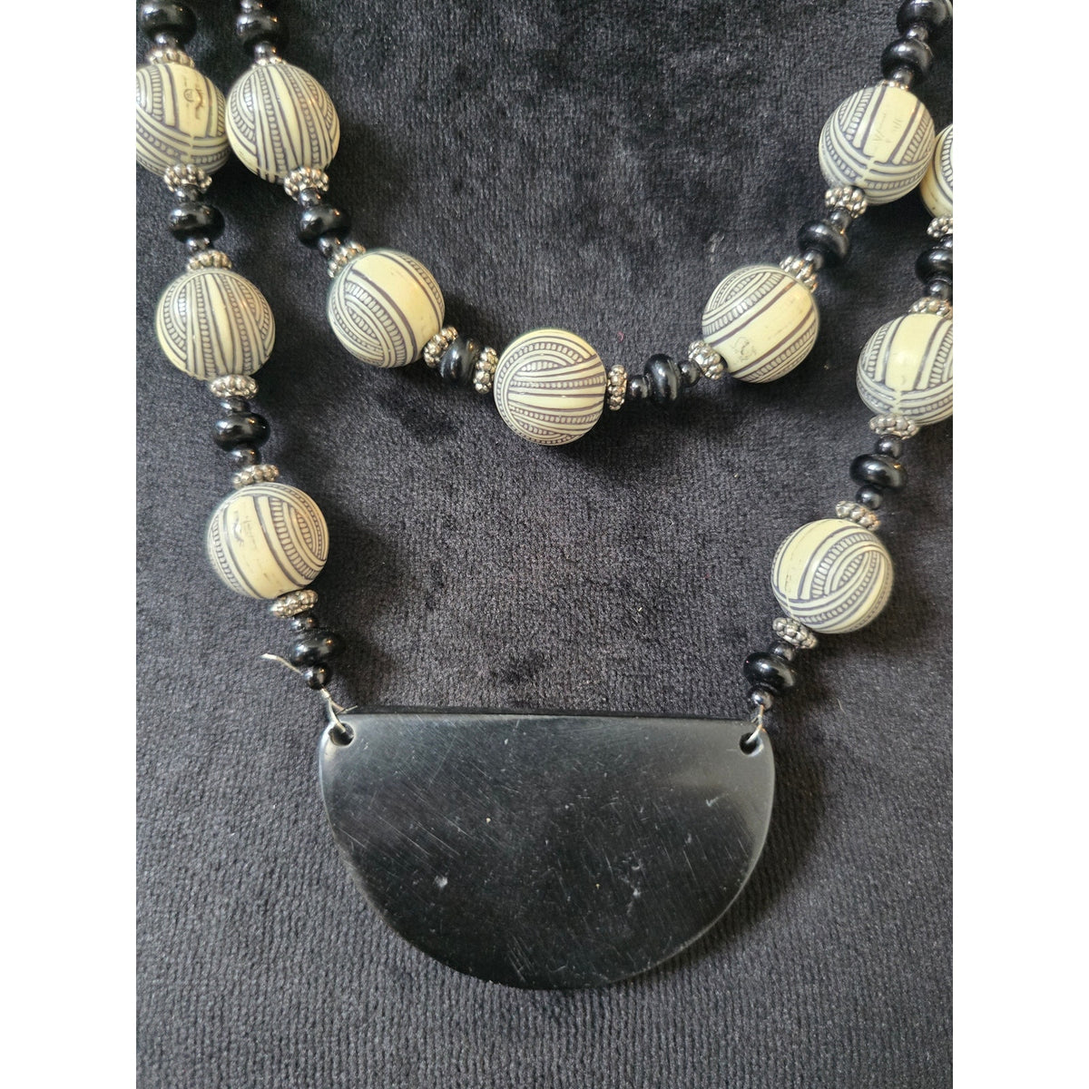 Black Cream Striped Beaded Double Strand Half Moon Pendant Necklace