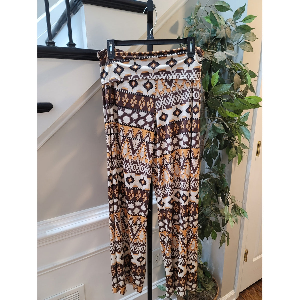 Los Angeles Apparel Palazzo Pants Women's SZ L Brown Aztec Tribal Print Wide Leg