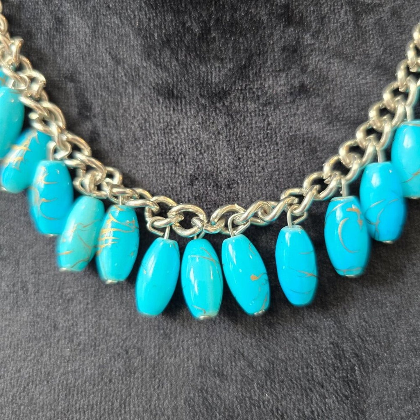 Womens Fashion Turquoise Oval Drops Shape Silver Tone Collar Necklace w/ Lobster