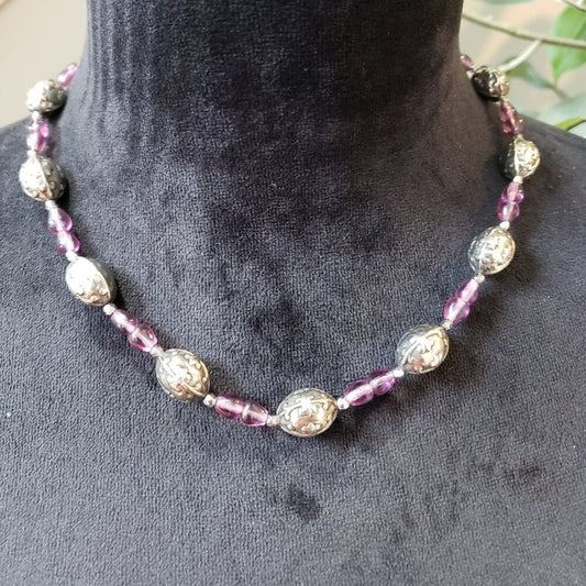 Womens Purple Silver Tone Crystal & Metal Beaded Necklace with Lobster Clasp