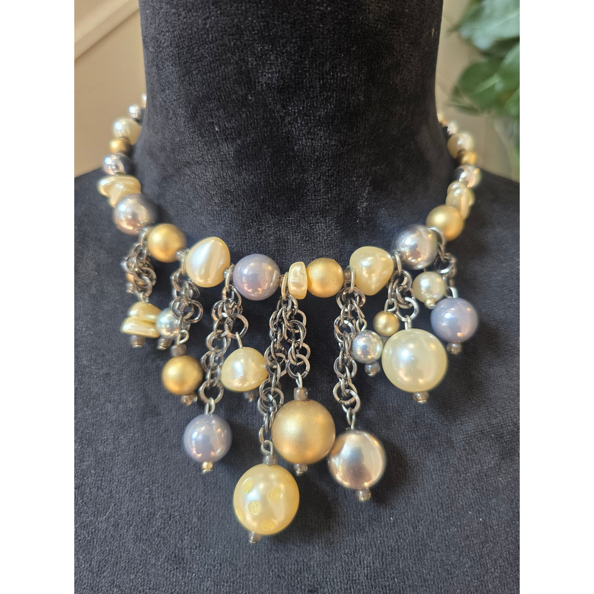 Gold Silver Pearl Beaded Charm Statement Necklace Dangle Cluster Fashion